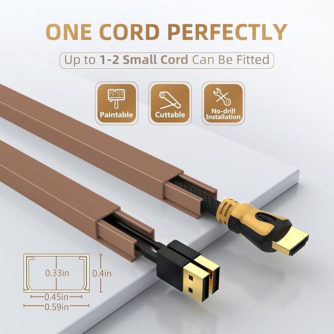 Delamu Cord Hider, 85in Cord Covers for Wires on Wall, One-Cord Cable Hider, Self-Adhesive Wire Hiders Wire Covers for TV Cords on Wall, Paintable Cable Cover Management Kit, W0.59 H0.4in, Brown