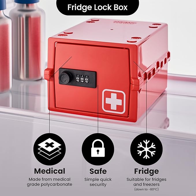 Lockabox Mini™ | Small Medicine Lock Box with Combination Lock (Half Letter Sized) | Mini Medical Lockable Box For Tablets, Creams & Medical Pens | External Size 8.8 x 6.1 x 4.7 Inches (Medi Red)