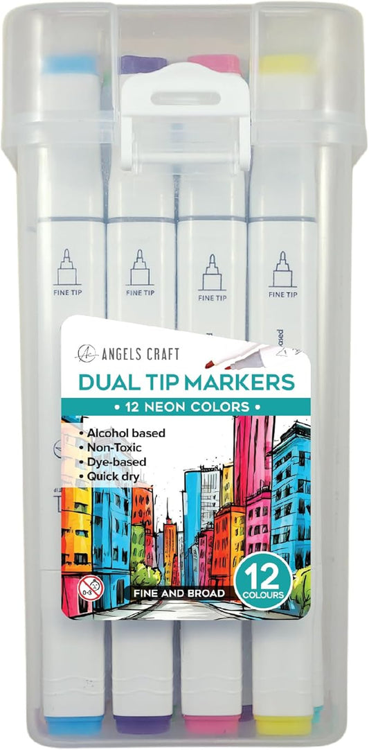 12-Piece Set of Alcohol Dual Tip Markers in Vivid Colors with Reusable Storage Case Sketch Pen for Coloring Drawing Artist Art Supplies