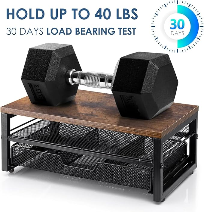 ARCOBIS Monitor Riser with Drawers and Pen Holders, Wood & Mesh Metal Computer Monitor Stand with Storage for Desk, Rustic Brown