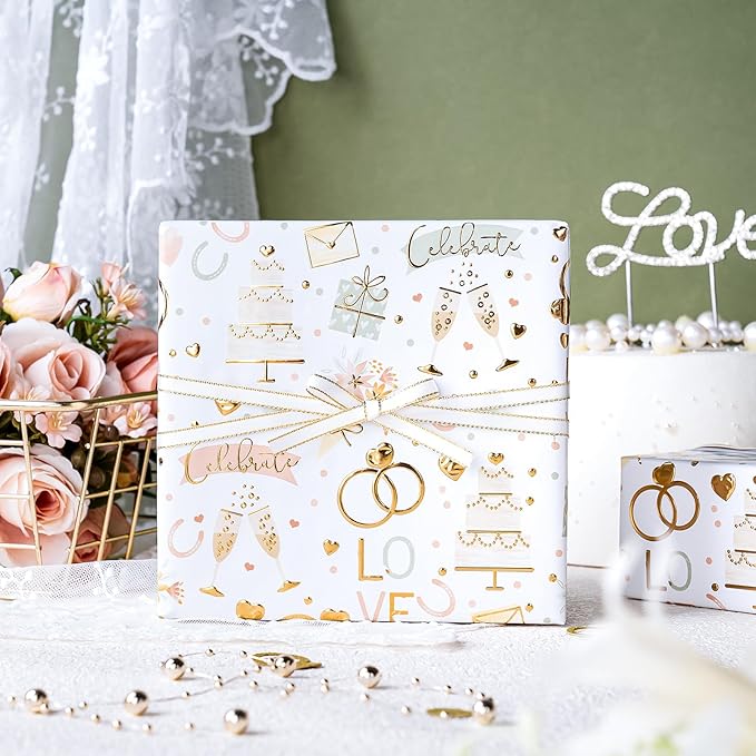 WRAPAHOLIC Wedding Wrapping Paper Roll - Mini Roll - 17 Inch x 16.5 Feet - Luxury and Elegance Wedding Theme with Gold Foil Wrapping Paper Perfect for Bridal Shower, Celebration, Party
