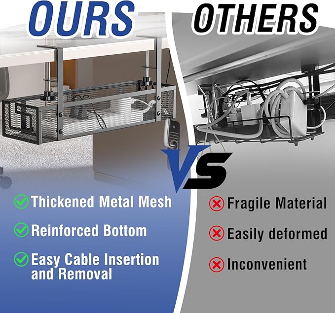 Under Desk Cable Management Tray - GZOKMOG No Drill Cord Organizer with Clamp, Reinforced Metal Mesh Workspace Organizers for Wire, Office Desk Accessories, 2 Pack Black, 15.75 inch