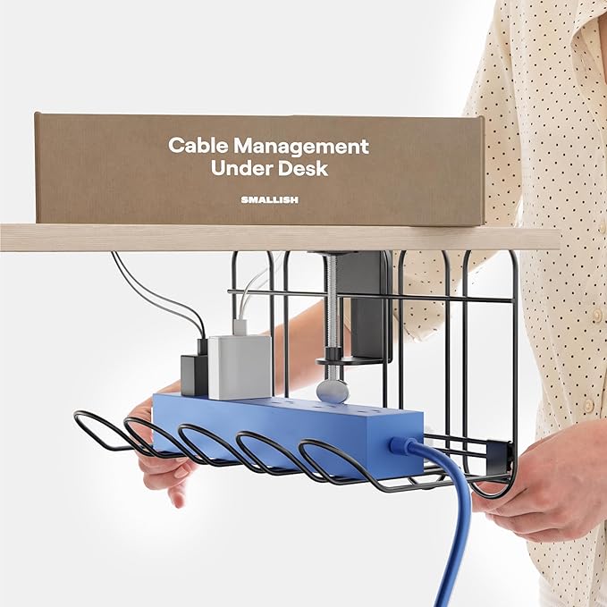 CarryUp Under Desk Cable Tray, No Drill Wire Management Clamp, Computer Cord Organizer, Cable Hider & Holder, Cord Keepers for Home Office Organization, Powder Coated Metal, Easy Install - Grey