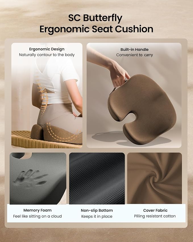 ProtoArc Seat Cushion, Office Chair Cushion for Sciatica, Coccyx Cushion, Ergonomic Memory Foam Seat Cushion for Car, Home, Pressure Relief Pad for Hip, Tailbone, All Day Comfort - Coffee