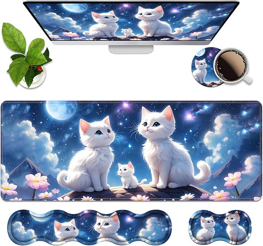 4 in 1 Ergonomic Memory Foam Mouse Pad Wrist Rest Set, Large XXL Gaming Desk Pad + Keyboard Wrist Rest + Mouse Wrist Cushion + Coaster for Home Office Study Gaming, Cute Cat