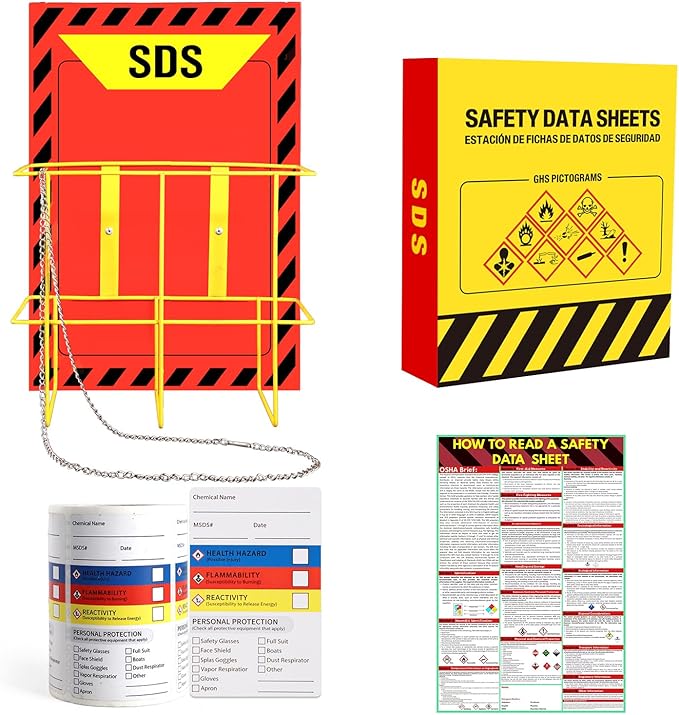 MSDS SDS Binder and Wall Station - Yellow Heavy Duty 3 Inch Material Safety Data Sheet 3 Ring Binder with SDS Wire Rack and Display Sign, Chain,Mounting Hardware,Safety Posters,MSDS Labels