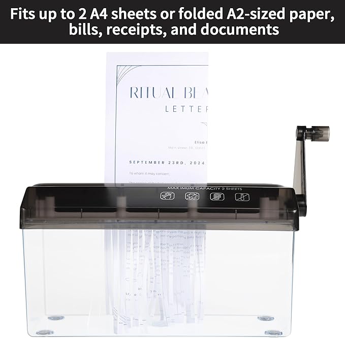 A4 Paper Manual Shredder - Black Portable Mini Paper Grinder Capacity 3L for A4 Files Documents Straight Cutting Tool Home Office Desktop Supplies WD23BK