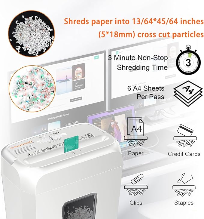 Bonsaii Quiet Cross-Cut Shredder, Ideal for Home Offices, Low-Noise Shredder, 6 Sheets at Once, Perfect for documents, Mail & Staples, 3.4-Gallon Wastebasket, Easy-Carry Handle, White