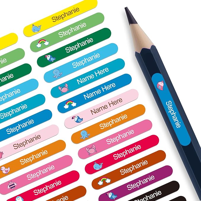 Personalized Name Labels for Kids - Custom Waterproof Stickers for School, Pencils, Baby Bottles & Daycare - Mom-Approved & Made in USA, BPA-Free, Easy-Peel Stick On Labels (Multicolor, 120 Stickers)