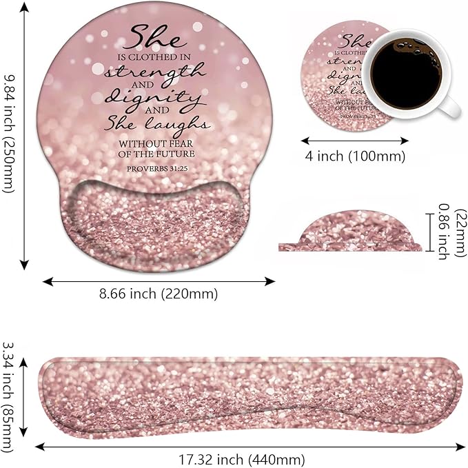 Keyboard Wrist Rest and Mouse Pad Wrist Support Set with Coasters, Bible Verse Proverbs 31:25 Wrist Mouse Pad with Non-Slip PU Base for Home Office Working Studying Easy Typing & Pain Relief