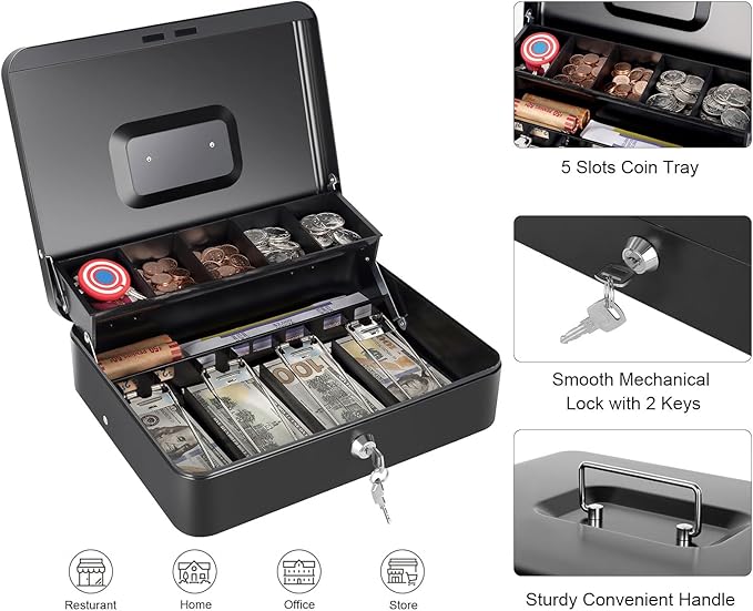 Cash Box with Money Tray and Key Lock, Saving Lock Box with Money Tray Storage for Cash Register 11.8"x9.45"x3.54" Black XL Large