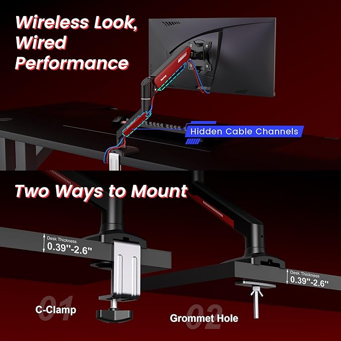 NearHub Gaming Monitor Mount for Computer Screen 13-32" and up to 22 lbs,360° Rotation,+90° to -45° Tilt,180° Swivel,with C Clamp and Grommet Base,Integrated Cable Management,75x75/100x100 VESA,RED