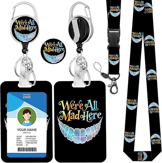 Funny Lanyards for ID Badge Holder for Women, Alice in Wonderland Cheshire Cat Teacher Lanyard with ID Holder Carabiner Clip, Retractable Keychain Badge Reel, Women Nurse Work Office