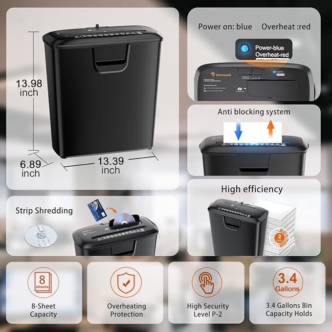 Bonsaii 8-Sheet Strip-Cut Shredder for Home – Compact Home Office Paper Shredder with Overheat Protection, Capable of Shredding CDs and Credit Cards, Includes a 3.4-Gallon Waste Bin