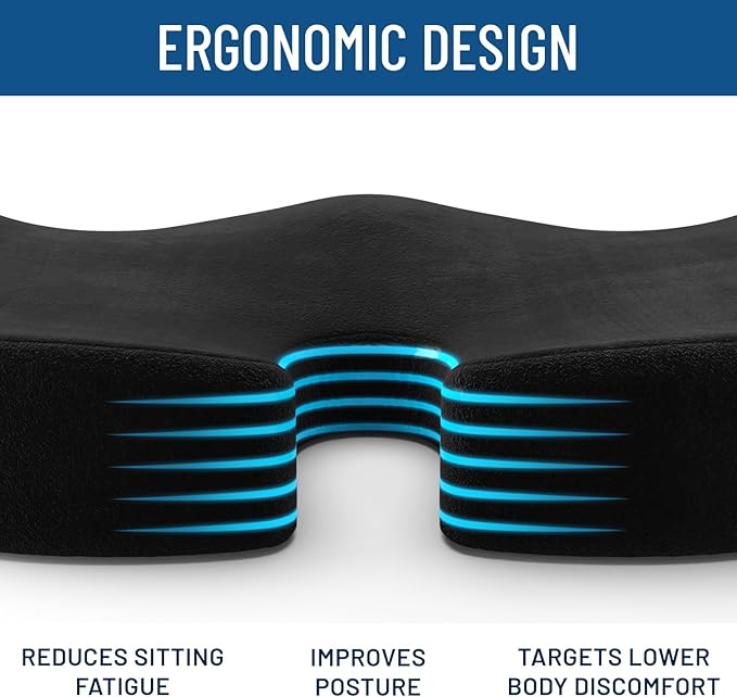 Everlasting Comfort Doctor Recommended Memory Foam Seat Cushion for Office Chairs & Car - Ergonomic Office Desk Accessories - Cushions for Tailbone Pain Relief, Sciatica (Black Upgraded, Large)