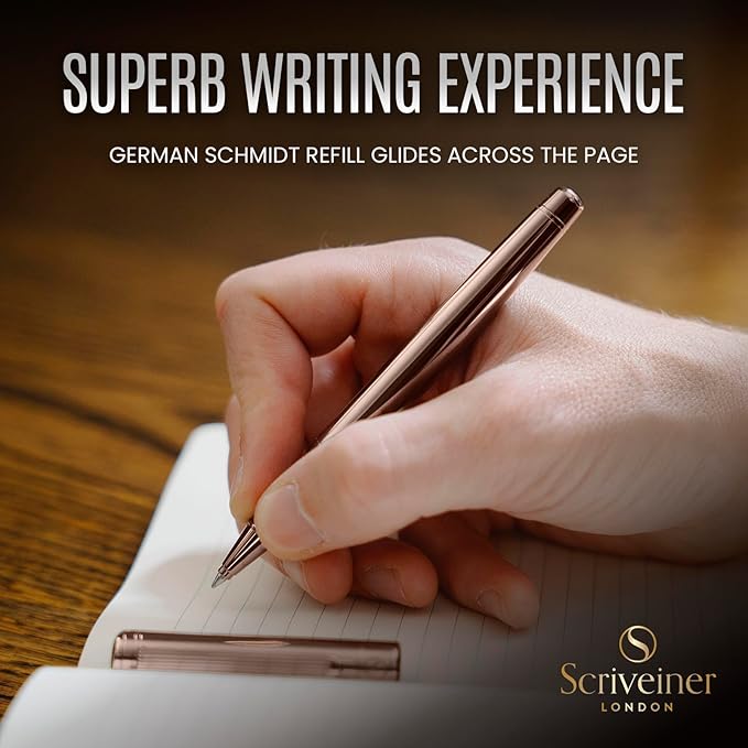 Scriveiner Rose Gold Rollerball Pen - Stunning Luxury Pen, Schmidt Ink Refill, Best Roller Ball Gift Set for Men & Women, Professional, Executive Office, Nice Pens