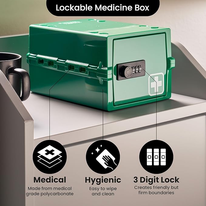 Lockabox Mini™ | Small Medicine Lock Box with Combination Lock (Half Letter Sized) | Mini Medical Lockable Box For Tablets, Creams & Medical Pens | External Size 8.8 x 6.1 x 4.7 Inches (Medi Green)