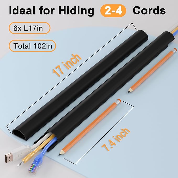 Cord Hider 102in (6X L17in) Cable Hider for 2-4 Cords, Cord Covers for Wires on Wall, Wire Covers for Cords Wall Mount TV, Cable Cover Wall Wire Hider for Cords, Cable Raceway Black W1.4inxH0.7in