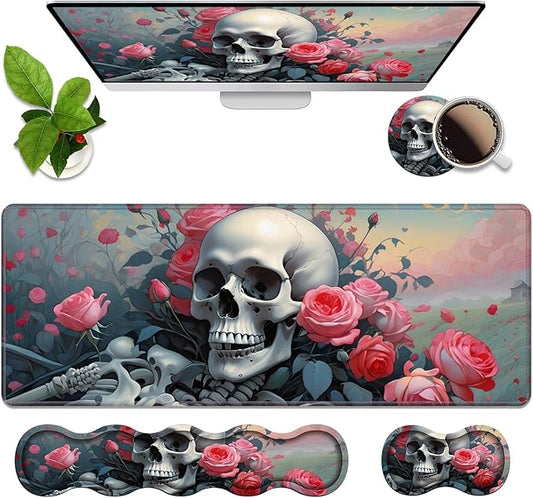 4 in 1 Ergonomic Memory Foam Mouse Pad Wrist Rest Set, Large XXL Gaming Desk Pad + Keyboard Wrist Rest + Mouse Wrist Cushion + Coaster for Home Office Study Gaming, Skull Roses