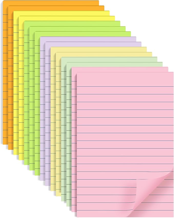 (15 Pads) Lined Sticky Notes 4x6 in Post, 7 Pastel Colors with Lines Self-Stick Note Pad it, Strong Adhesive, Big Rectangular Sticky Pads for Office, Home, School, Meeting