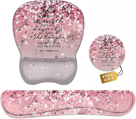Ergonomic Mouse Pad Wrist Support and Keyboard Wrist Rest Set with Coasters, Non-Slip PU Base, Easy Typing & Pain Relief, Perfect for Home Office Working Studying, Bible Verses Proverbs 31:25