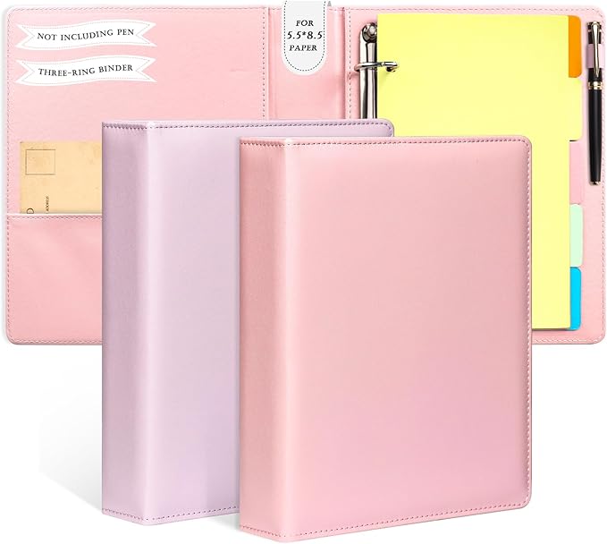 2 Pack Mini Size 3 Ring Binder 5 Colors Dividers Pu Leather Binders 7.7" X 9.3" Holds 200 Sheets Paper Three Ring Binder DRing Purple Pink with Pen Loop 1 Pockets School Office (Purple&Pink)