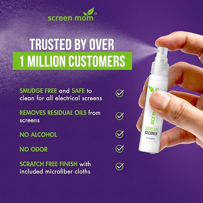 Screen Cleaner Spray and Microfiber Cloths 3-Pack (3x1oz) by Screen Mom-Screen Cleaner Spray and Wipe for TV, Computer, Phone, iPad, Car Screen Cleaning Kit Electronic Cleaner Spray