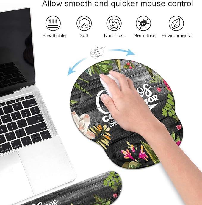 Keyboard Wrist Rest and Mouse Pad Wrist Support Set with Coasters, Chaos Coordinator Quotes Colored Floral Wreath Print Wrist Support Mouse Pad with Non-Slip PU Base for Home Office Working Studying