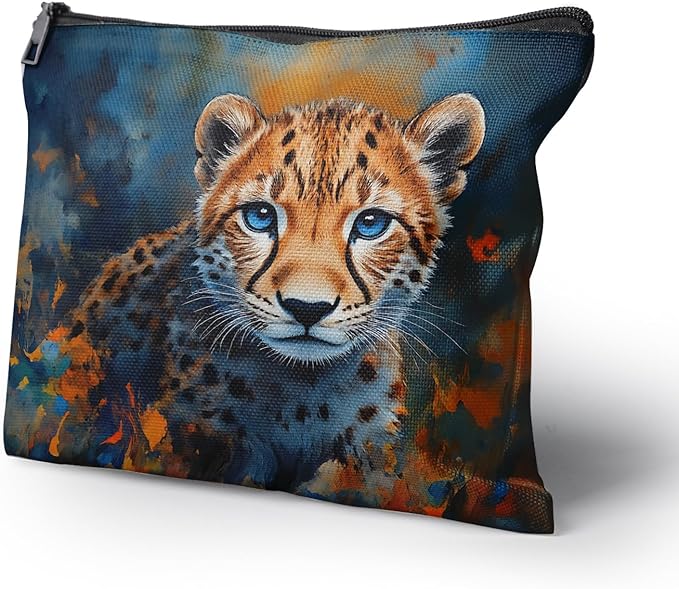 Cafl Cheetah Cub Blue Eyes Makeup Bag for Women Large Capacity Make Up Bag Portable Travel Cosmetic Bag Toiletry Pouch Organizer 10 * 8inch