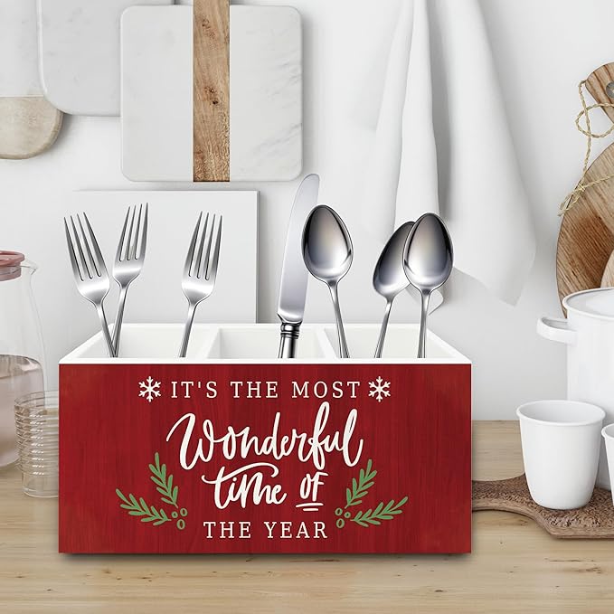 Red Christmas Pen Pencil Holder Organizer for Desk, Christmas Office Decor, Winter Xmas Wooden Box Sign for Home Office Desk Tabletop Decorations