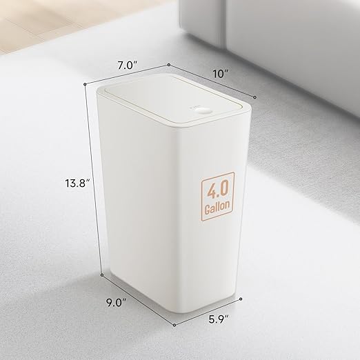 TIPGO Bathroom Trash Can with Lid, 4 Gallon / 15 Liter Small Garbage Can, Press Top Bin, Plastic Wastebasket with Pop-Up Lid for Bedroom, Living Room, Office (White, 2 Pack)