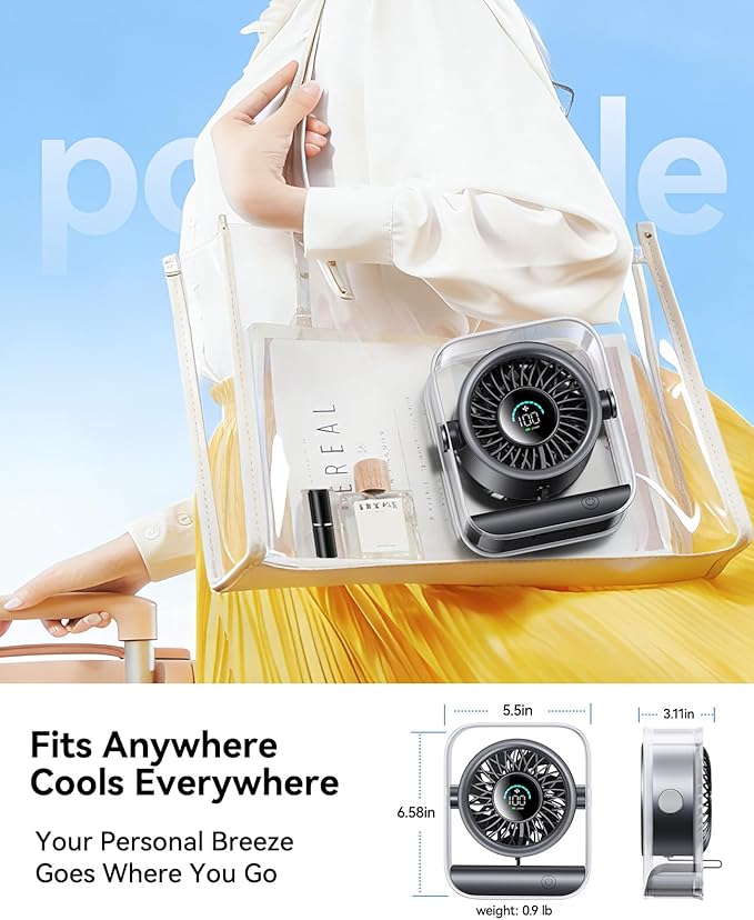 DIGIX USB Rechargeable Desk Fan, Small Portable Table Fan with 100 Speeds Turbo Airflow, 90° Tilt Quiet Desktop Fan for Bedroom with LED Display, Personal Cooling Fan for Travel Office Camping (Black)