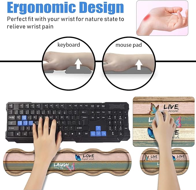 Ergonomic Keyboard Wrist Rest and Mouse Pad Wrist Rest Set with Coasters [4Pcs], Non-Slip Rubber Base for Home Office Working Studying Easy Typing & Pain Relief, Inspirational Quote Live Laugh Love