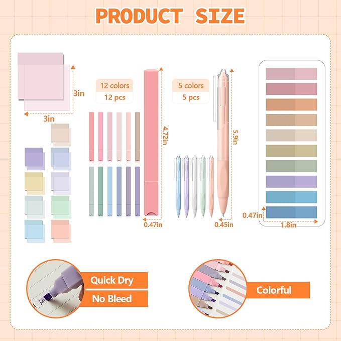 Jutom 39 Pcs Aesthetic Book Annotation Kit Highlighter with Pencil Case Bag Gel Pen Transparent Sticky Note Taking Bible Study College School Supplies(Orange,Classic Style)