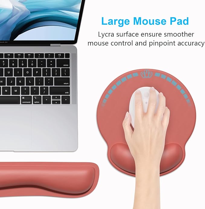 Dapesuom Keyboard Wrist Rest and Mouse Pad with Wrist Support, Memory Foam Cushion for Keyboard and Mouse Set, Ergonomic Desktop Pad Rests with Non Slip Base for Easy Typing & Pain Relief, Indian Red