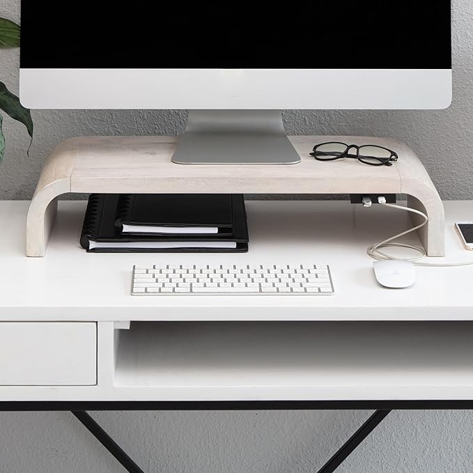 Anji Mountain Wood Monitor Stand Riser Desk Desktop Organizer Table for Home, Office Workspace, Laptop Riser, Ergonomic Design Stand for Gaming Setup, with Power Source, White Wash