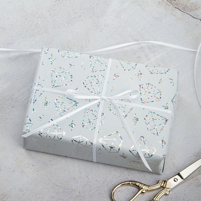 WRAPAHOLIC Wrapping Paper Roll - Mini Roll - 17 Inch x 33 Feet - Silver Diamond Design with Metallic Foil Shine for Birthday, Party, Baby Shower