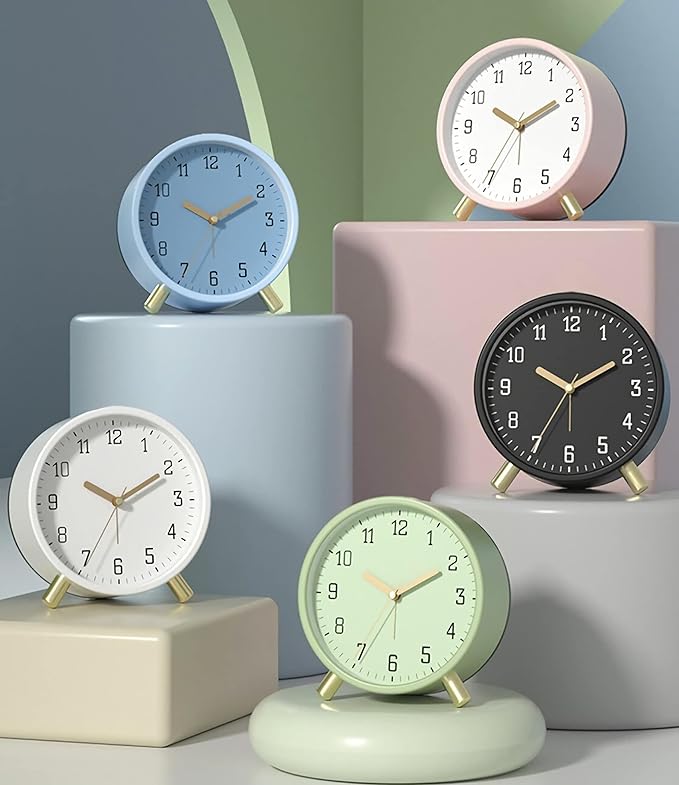 SHISEDECO Alarm Clock with Backlight, 4.5 inches Bedside Analog Non-Ticking Silent Small Deskclock with Arabic Numerals, Battery Operated Round Tableclock for Living Room, Bedroom (Grey Clock)