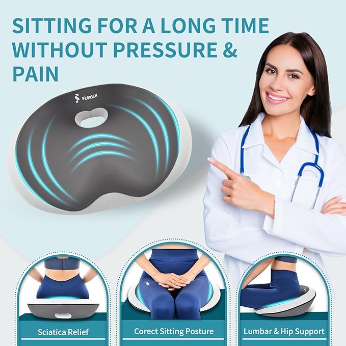 FLORICH Seat Cushion with Lumbar Support Pillow and Car Neck Headrest Pillow Kit for Office Chair, Memory Foem Sciatica Tailbone Hip Lower Back Pain Pressure Relief Butt Pads for Long Sitting Driving