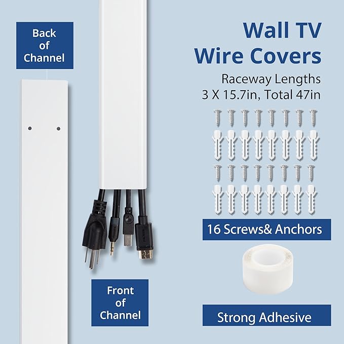 47in(3 x L15.7in) TV Cord Hider, YCLYC Cord Hider for Wall Mount TV, Large Cable Hider, Paintable Wire Covers for Cords, Cable Management Cord Organizer, Wire Hiders for TV on Wall W2 x H0.7in, Beige