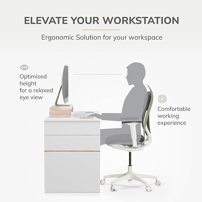 Anji Mountain Wood Monitor Stand Riser Desk Desktop Organizer Table for Home, Office Workspace, Laptop Riser, Ergonomic Design Stand for Gaming Setup, with Power Source, White Wash