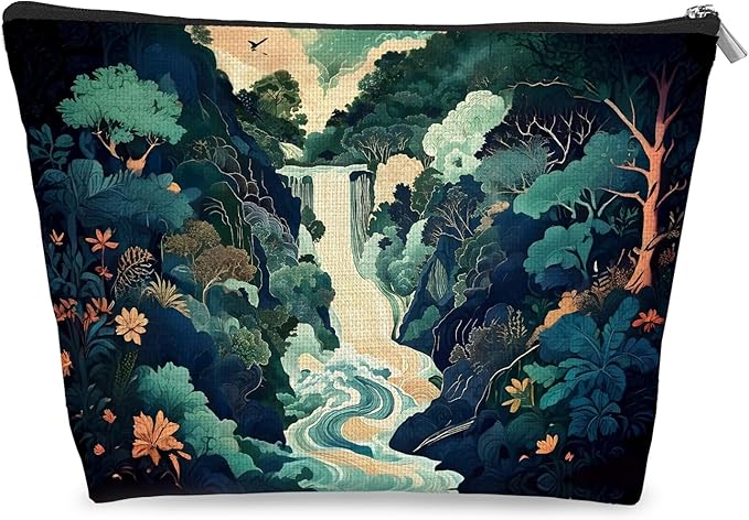 Blue Green Waterfall Japanese Makeup Bag, Traditional Japandi Hokusai Cosmetic Bag for Women, Japanese Ukiyo-e Art Landscape Small Toiletry Bags Zipper Makeup Pouch
