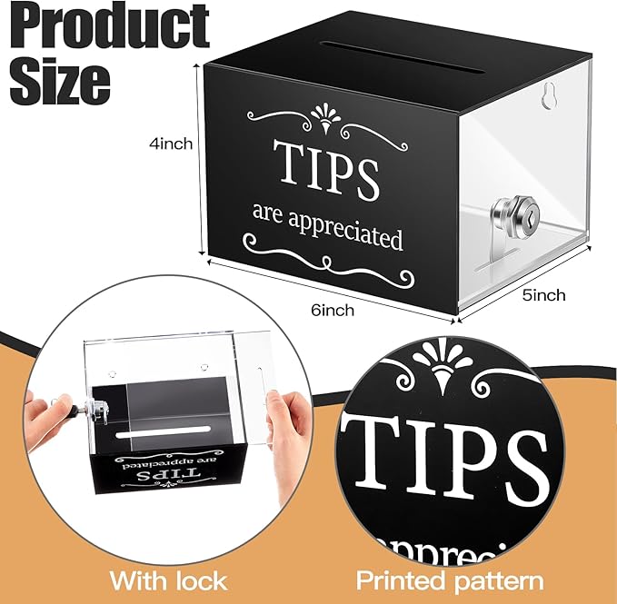 Vesici Tip Jars for Money 6 x 4 x 5 Inch Acrylic Tip Collection Box with Lock Donation Suggestion Box for Tip Storage Container Raffling Box for Bartender Bars, Musicians Restaurants Driver