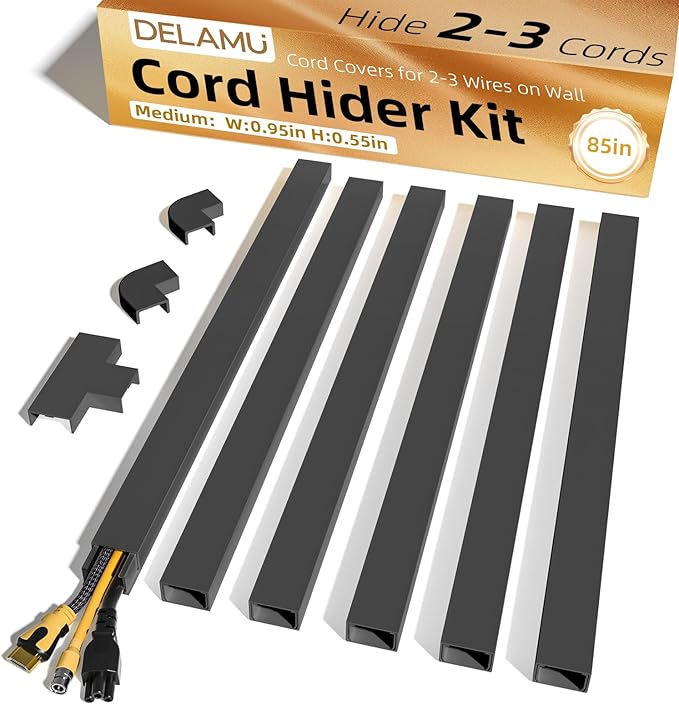 Delamu Cord Hider, 85in Cord Covers for 2-3 Wires on Wall, Self-Adhesive Cable Hider, Paintable Wire Hiders Wire Covers for TV Cords on Wall, Easy Mount Cable Cover Raceway Kit, W0.95 H0.55in, Black