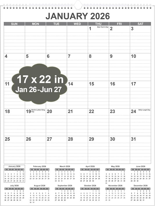 Large Calendar 2026 with Spiral Bound - 18 Month Big Calendar from January 2026 to June 2027, Vertical Large Monthly Calendario 2026 for Wall, 22" x 17", Black