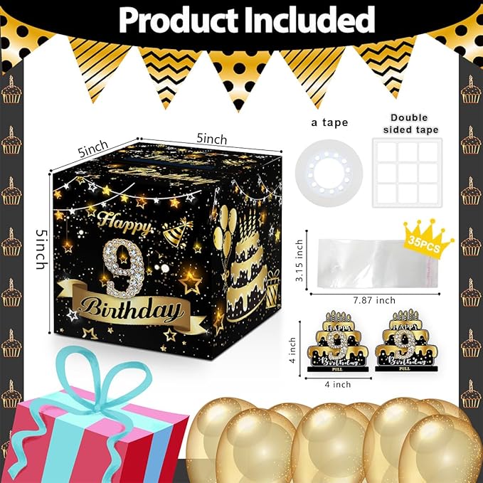 Toerifer 9th Birthday Money Box Set, Black/Gold, Surprise Box Explosion Gift for Girls & Boys, 9 Years Old, Unisex, One Size, Cardboard, Gold-9, Children, Kids, Birthday Parties