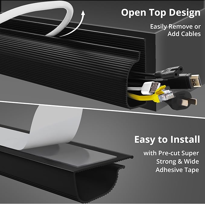 Cable Management Under Desk (31.5in J Channel 2x15.7in) Self Adhesive Cable Raceways Channel, Easy to Install Cord Cover Hider Desk Cord Organizer Electrical Black