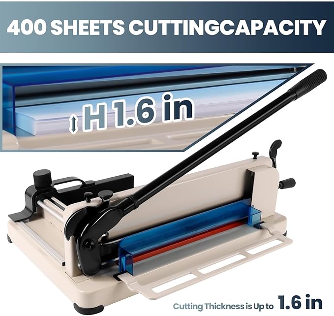 12 Inch Paper Cutter Heavy Duty Guillotine Paper Cutter 400 Sheet Capacity Stack Cards Trimmer Steel Slicer with Metal Base & HSS Blade for Office Home School(Safety Lock and Protective Cover)