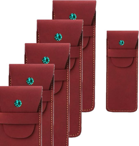 Handmade Leather Pen Case Set - 5 - Pack with Artificial Sapphire Inlay, Multi - Color Pen Sleeves for Fountain Pens & Markers (red)