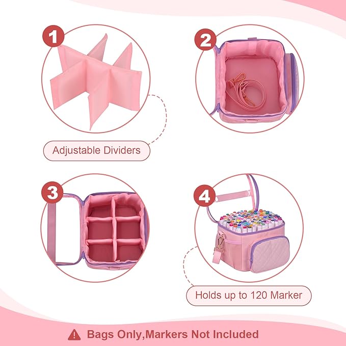 Professional Marker Organizer Case for 120 Markers, Portable Travel Art Supply Marker Storage Carry Bag with Dividers and Shoulder Strap (Pink)